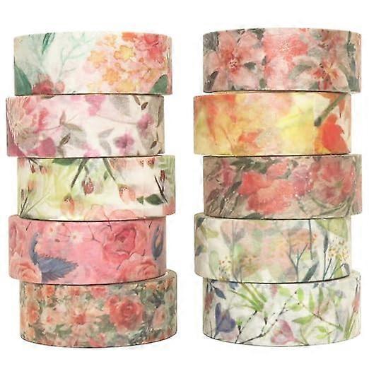 10 Rolls Spring Flowers Washi Tape Set Masking Decorative Tapes (Warm Tone)9/16" (15mm) x 13' (4m)
