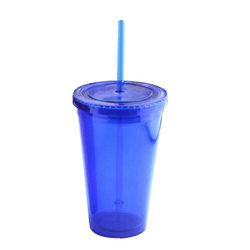 1pc 450ml Water Bottle With Straw Double Layder Plastic Straw Cup Leak Proof Drinking Bottle (blue)