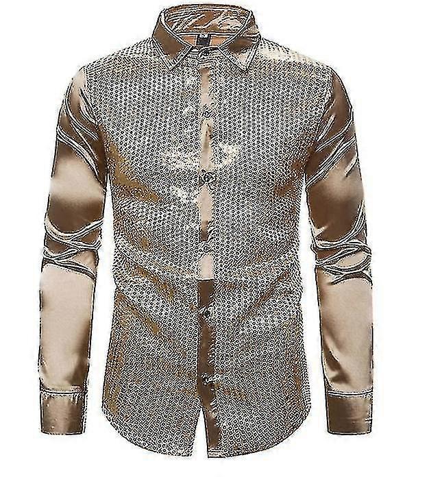 Men Shirt Sequins Long Sleeve Button Down Shirt