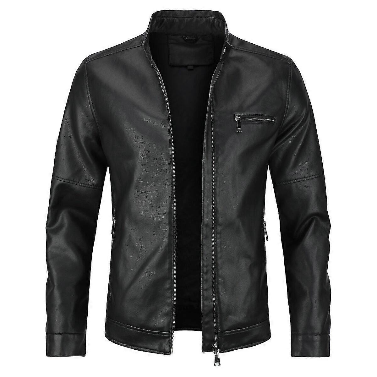 VAWAN Men's PU Classic Stand Collar Solid Color Loose Leather Jacket
