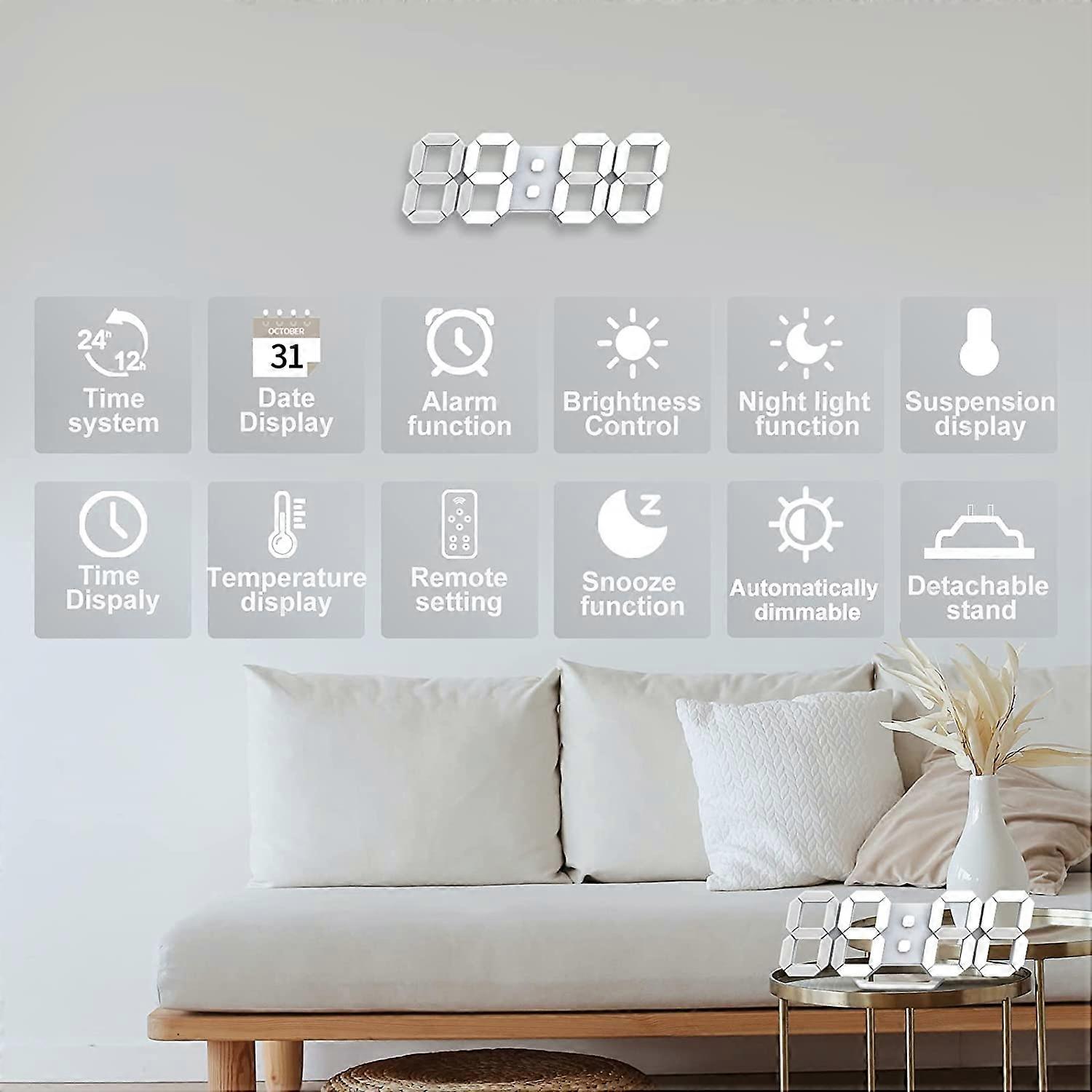 3D LED Digital Wall Clock Small Alarm Clock Remote Control 12/24 Hour Temperature Date Display Time Memory Snooze Function Night Light Adjustable Brig
