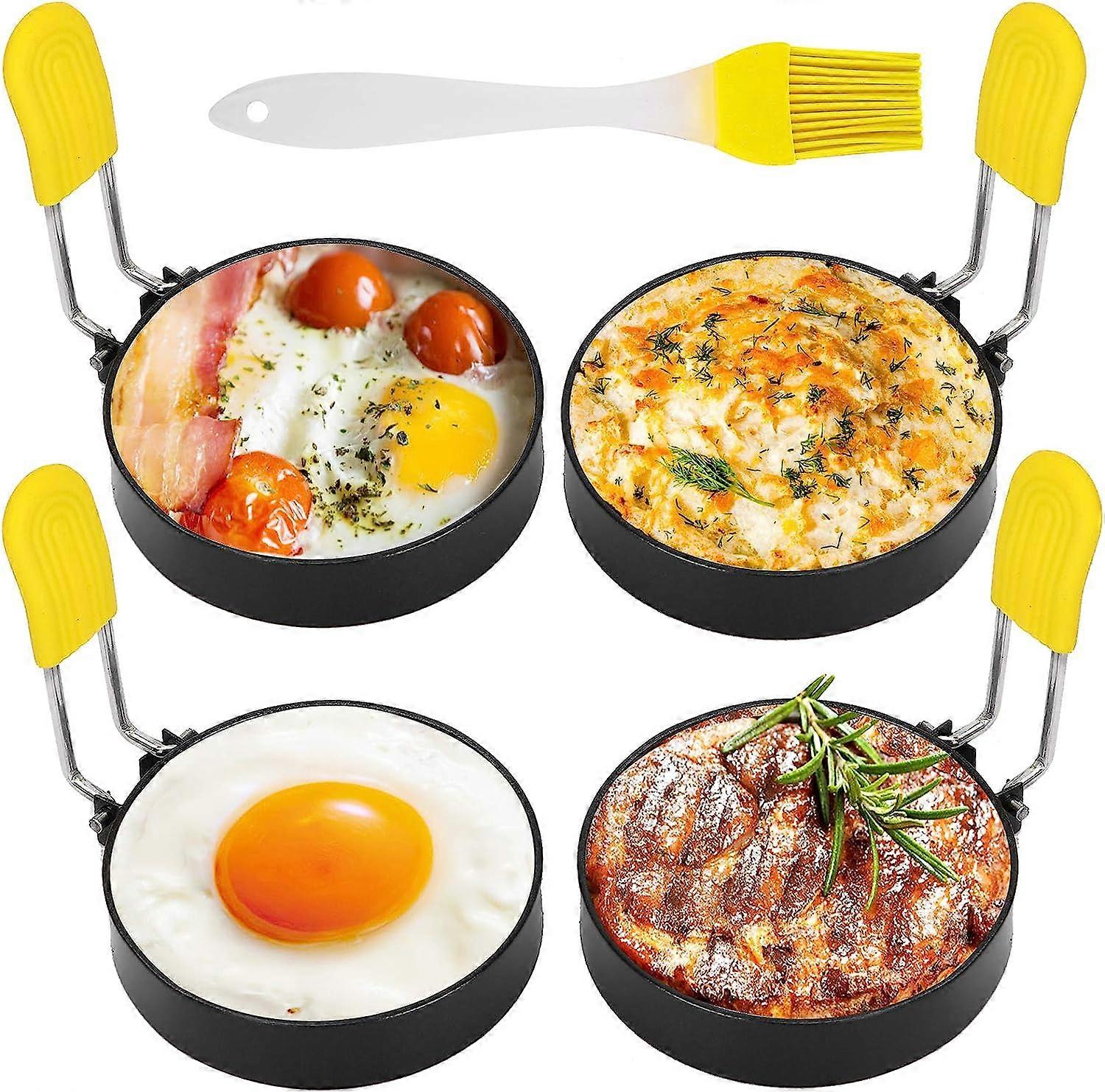 Set of 4 Round Stainless Steel Fried Egg Molds with Folding Handles for Oil Bottle Omelet Shape for Fried Egg Cooking