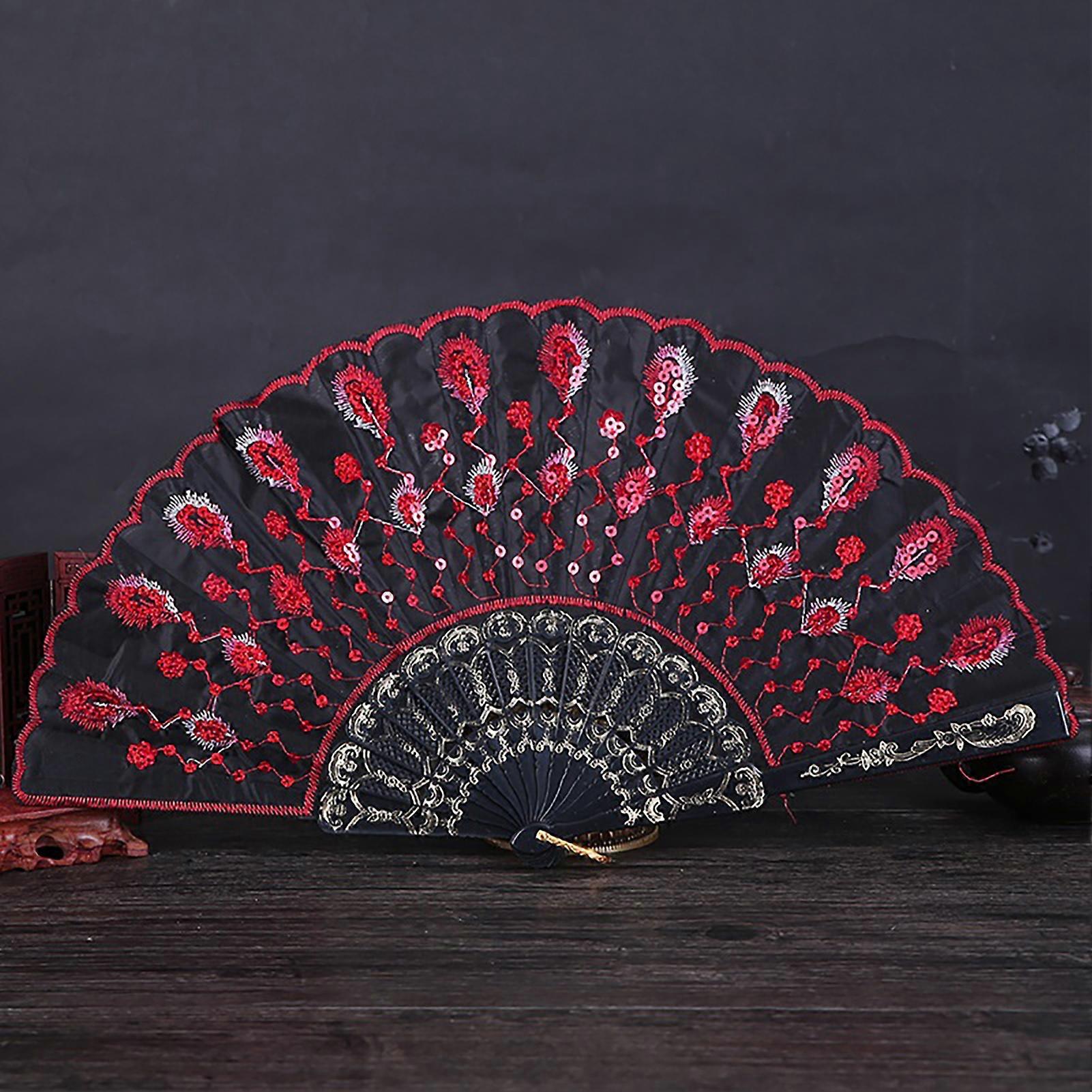 Fabric Handheld Fan with Peacock Pattern Sequin Fabric Summer Folding Fans for Hot Flash Decoration Music Festival
