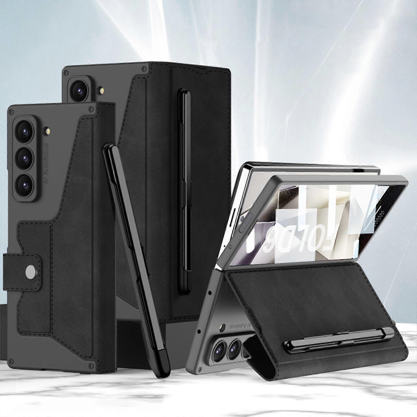 Case for Samsung Galaxy Z Fold 6 Case with S Pen Holder & Built-in Screen Protector, Anti-Shock Wallet Case RFID Blocking Protective Flip Folio Cover