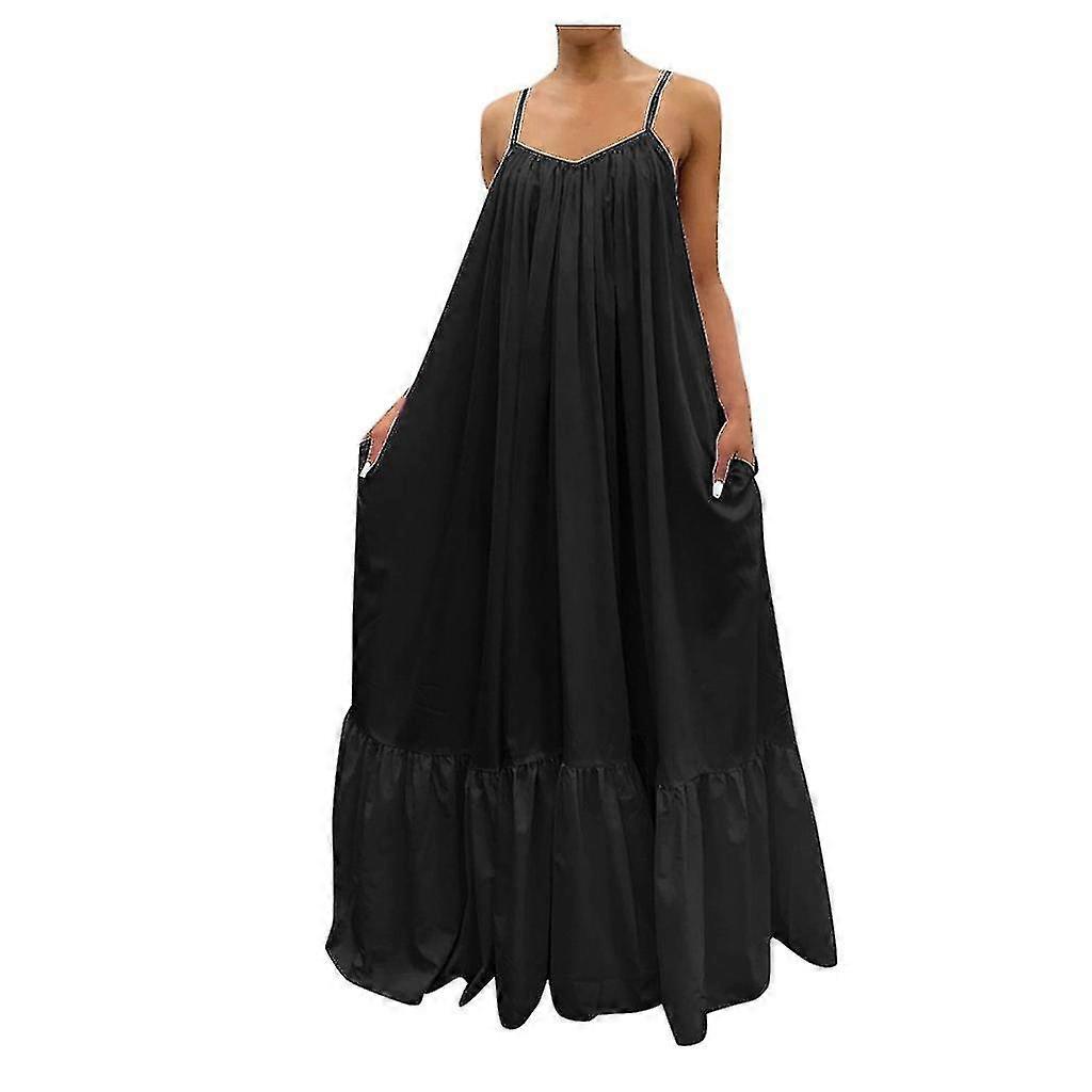 Femme Mode Décontracté Solid Strap Robe Poche Loose Backless Big Swing Robe
