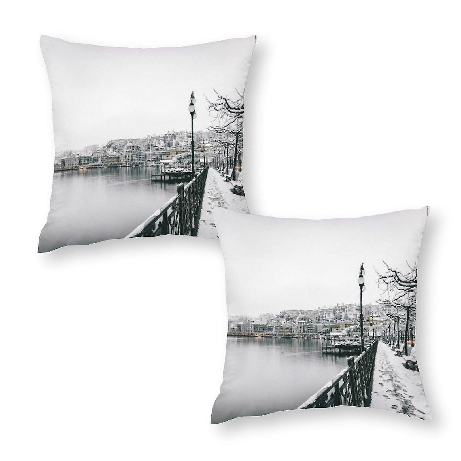 Bridge in snow throw Pillow Covers
