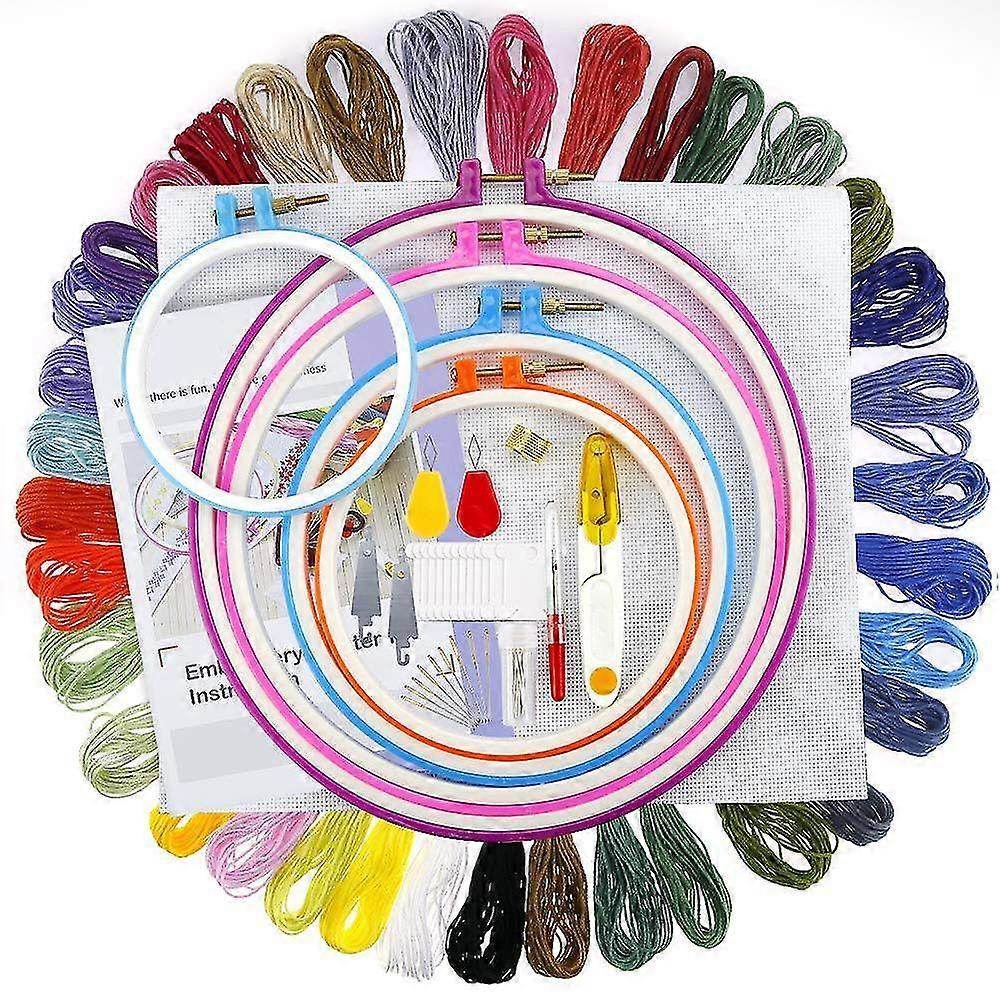Full Range Of Embroidery Starter Kit,5Pcs Plastic Embroidery Hoop,50 Color Embroidery Threads,Cross