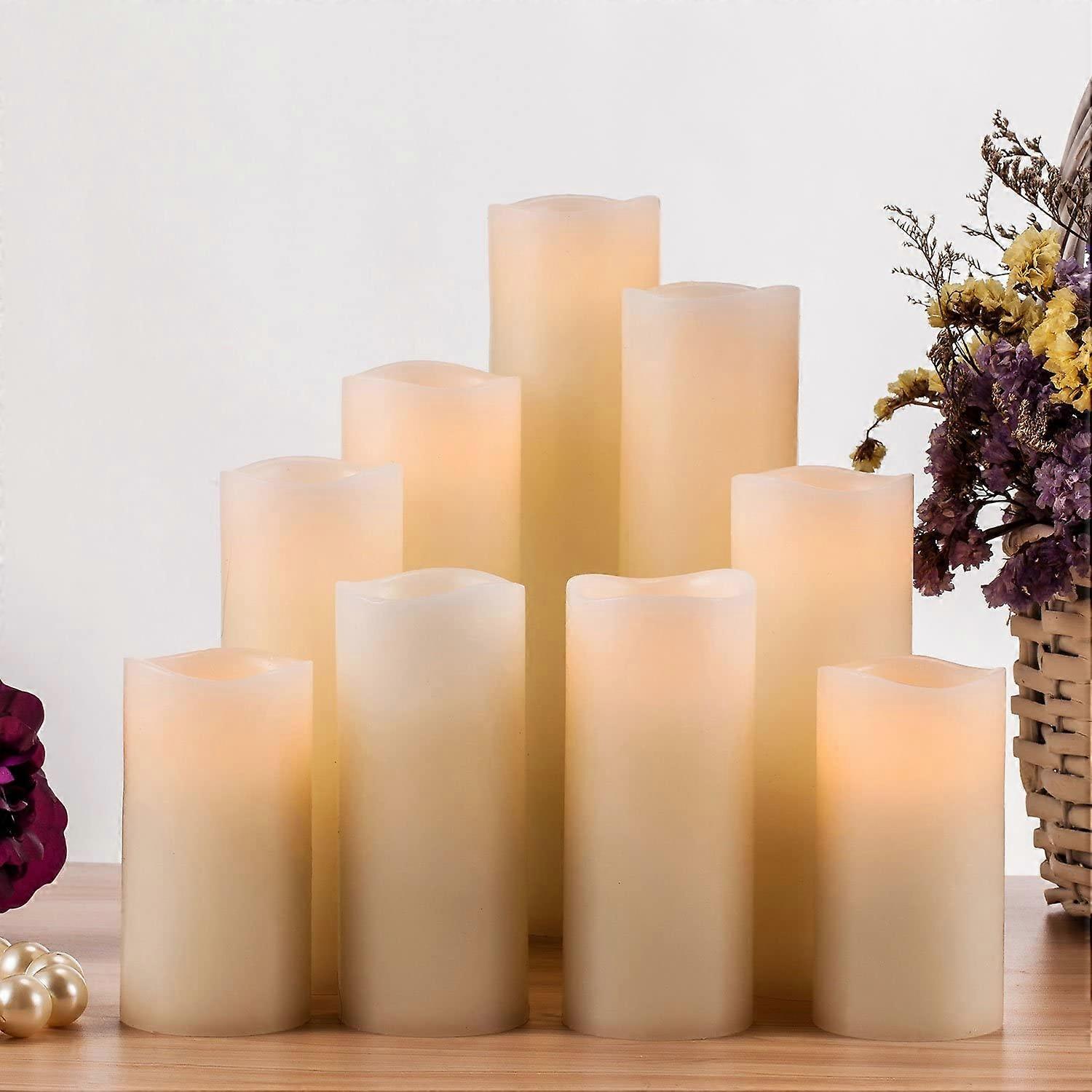 Battery Operated Flameless Candle Set of 9 Real Wax Pillar Decorative Led Fake Candles with Remote Control and Timer