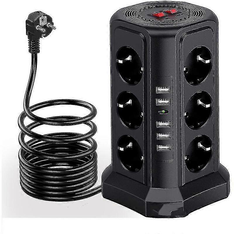 Tower Lightning Arrester And Surge Protector Power Strip With 5 Usb Ports And 12 Sockets Power Strip With And 3 Switches Black