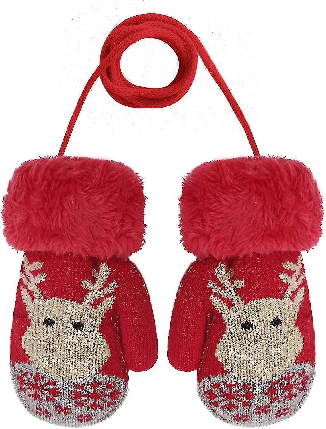 Toddler Baby Double Layers Mittens With Rope Winter Warm Cute Cartoon Reindeer Gloves Thick Plush Fleece Padded Hand Warmer Christmas Deer Gloves Mitt