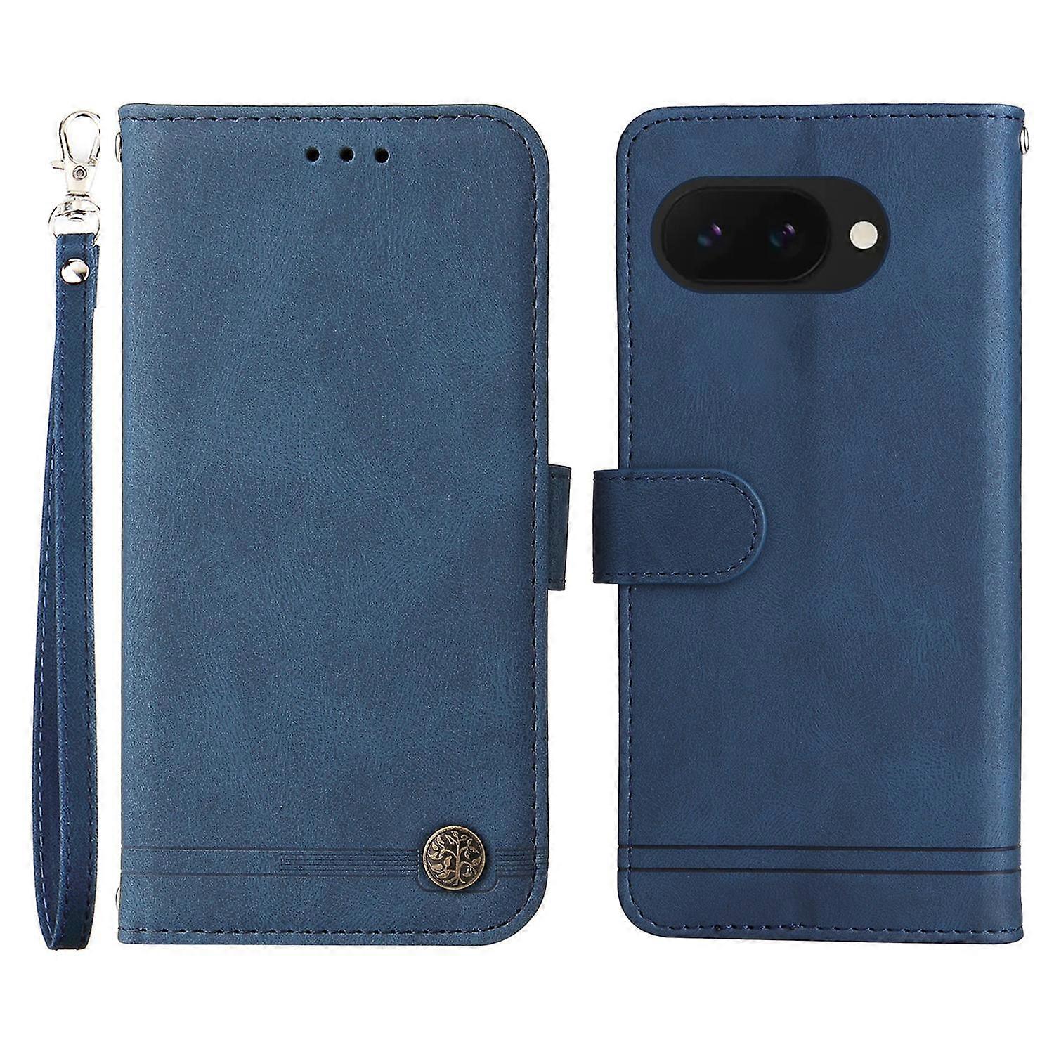 For Google Pixel 9a Wallet Case Skin Touch Leather Phone Cover Tree Pattern Hardware - Blue