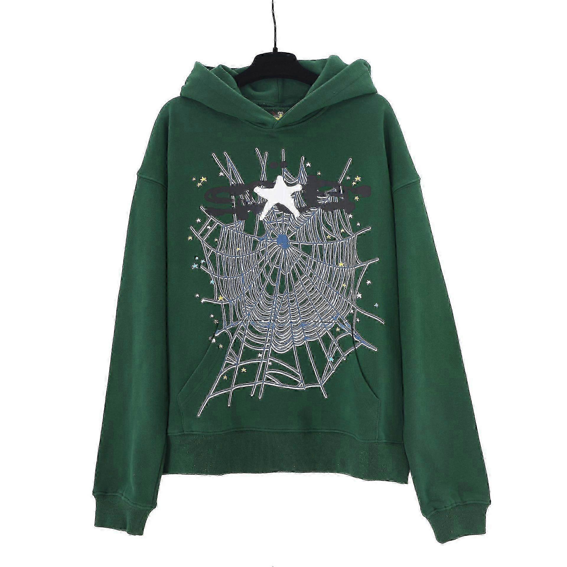 Conjunto casual de moletom com capuz impresso em 3d de hip-hop para homens e mulheres Sp5der - nmaov S com capuz verde escuro