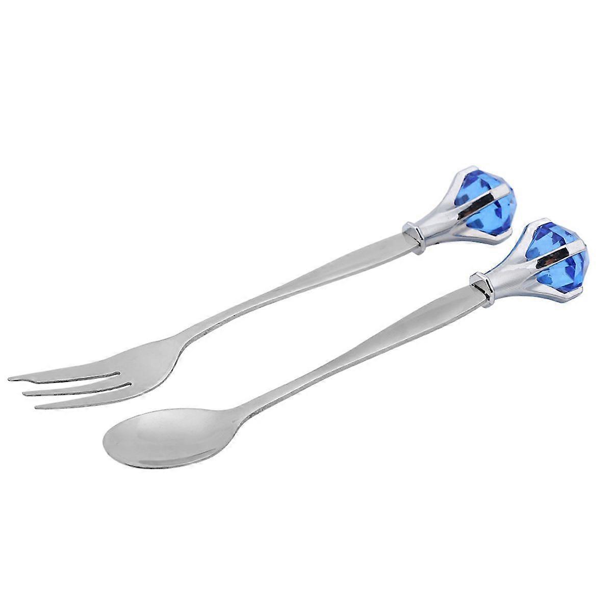2Pcs/set Stainless Steel Fruit Dessert Spoon + Fork With Diamond Shape Decoration (Dark Blue)