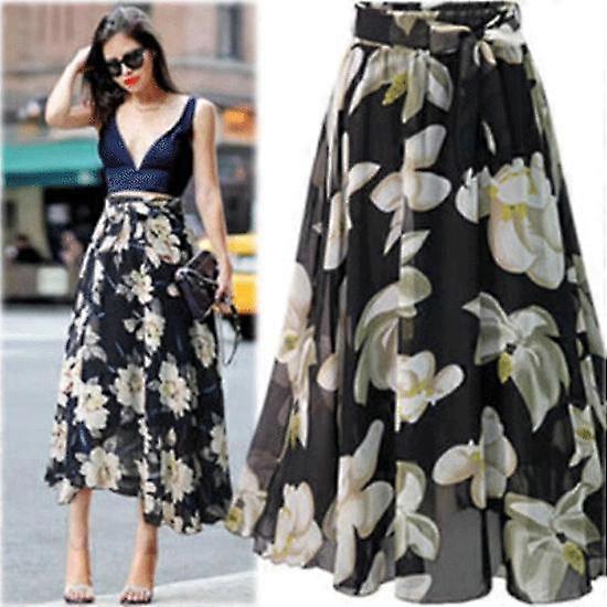 Womens Plain Knee Length Soft Stretch Flared Printed Skater Midi Skirt