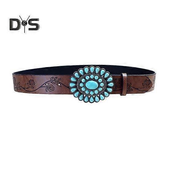 Boho Belt Rose Flower Carved Pattern Faux Turquoise Decor Vintage Western Belt Snap Button Imitation Leather Waistband