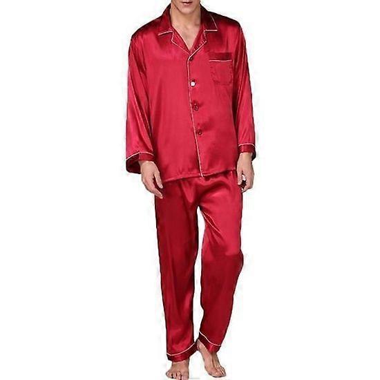 GUOCU Men's Silk Pajamas Set Geometric Print V-Neck Satin Nightgown Plus Size Red