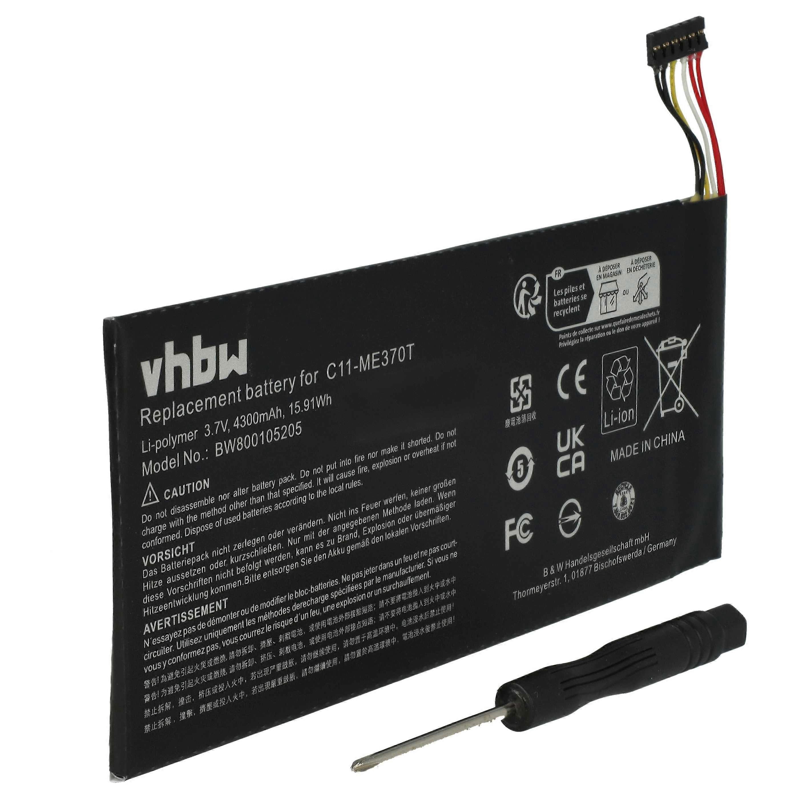 vhbw 电池更换适用于华硕 C11-ME370TG, 0B200-00120100M-A1A1A-219-17QE, ME3PNJ3, C11-ME370T 平板电脑板(4300 mAh, 3.7 V, 锂聚合物)