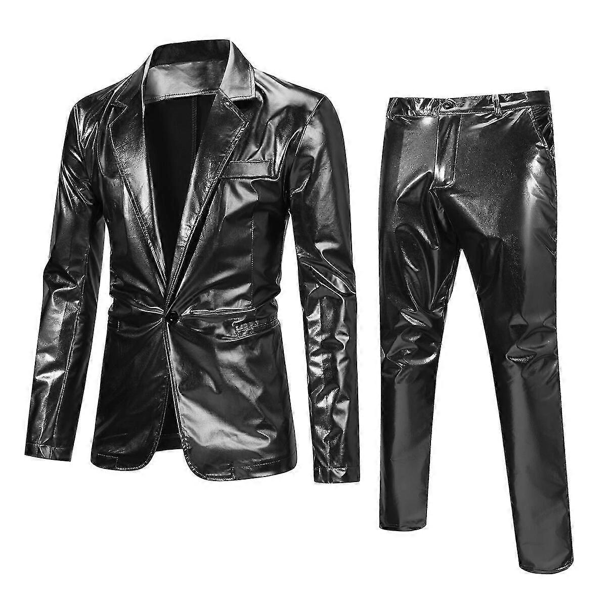 Sliktaa Mens 2Pce Suit Glossy Shiny Waterproof Blazer and Pants