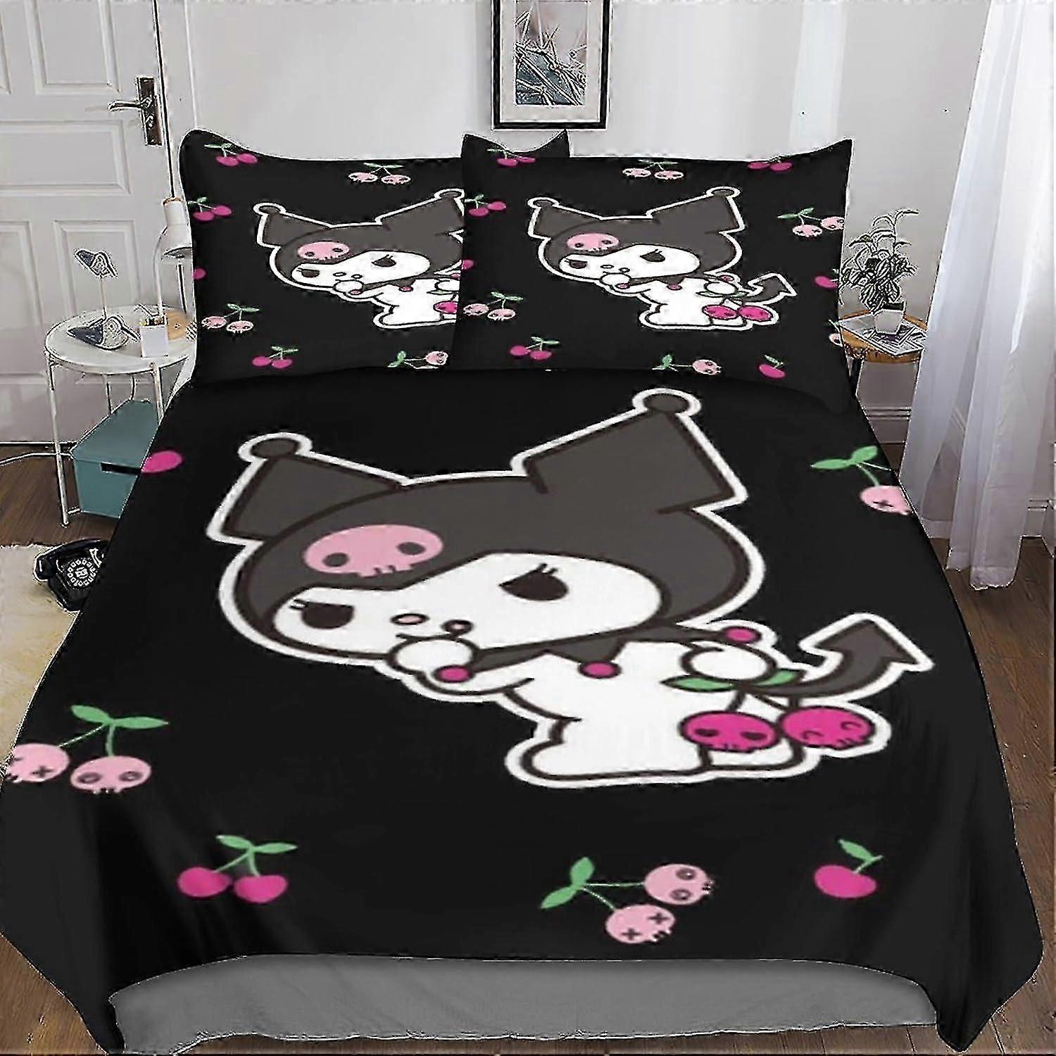 o3497 Lakan Kuromi påslakan sängkläder, 3D söt stil påslakan med örngott, för mjukt mikrofibertäcke med dragkedja 3 Piec