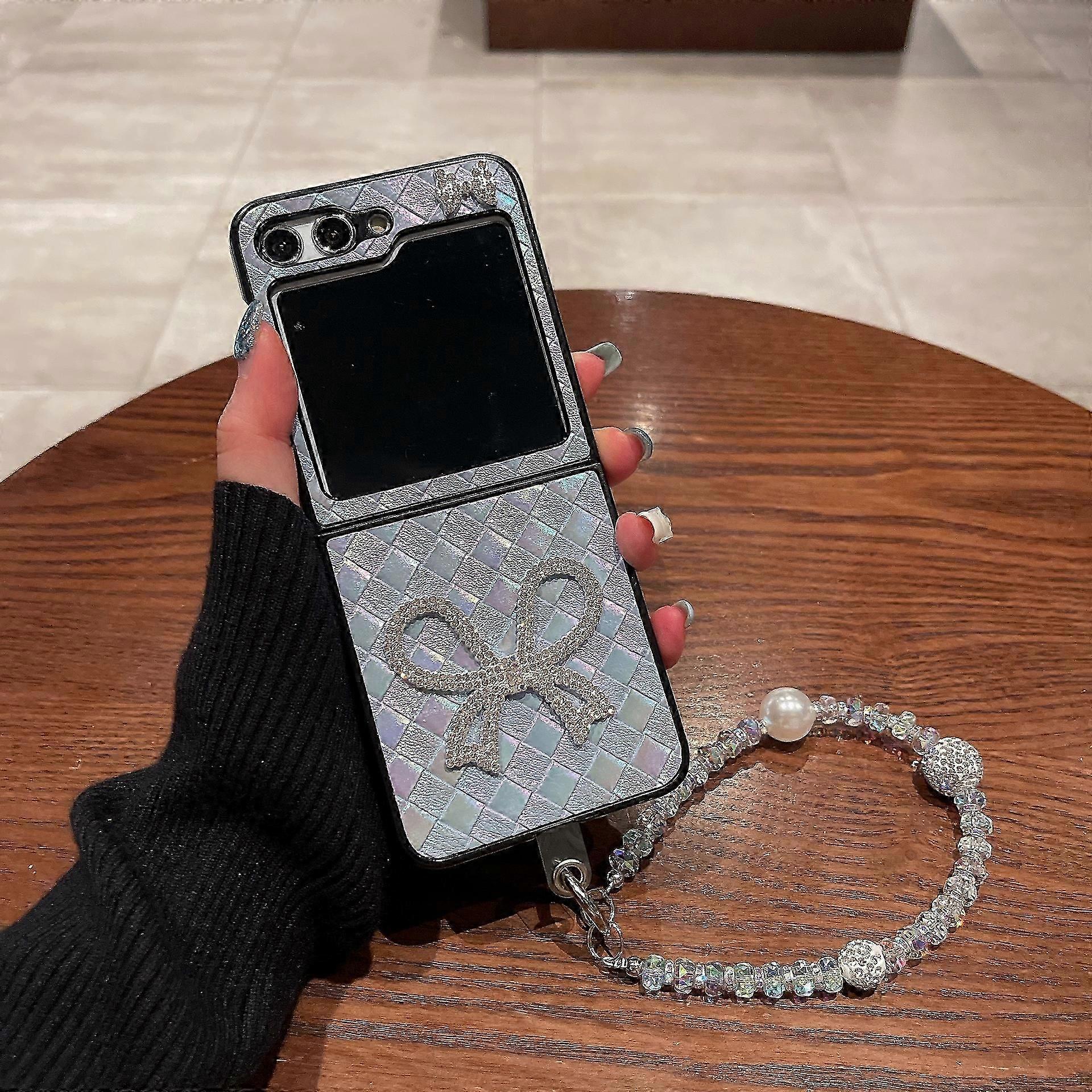 For Samsung Galaxy Z Flip 6 Case with Bracelet For Girl Women,Woven Pattern Bow Knot PU Leather Shockproof Case for Galaxy Z Flip 6