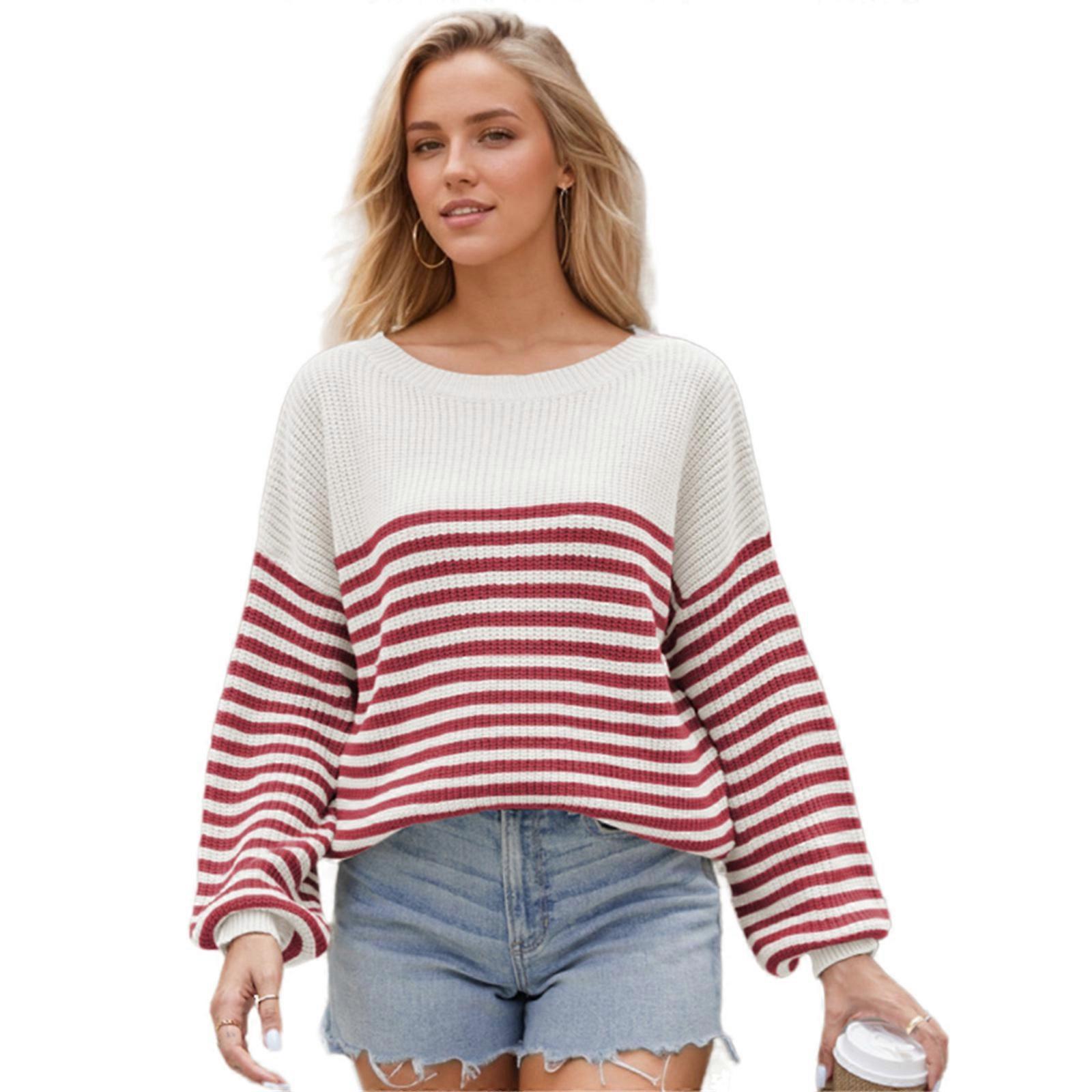 Elegantes langärmeliges Damen-Strickoberteil mit einzigartigem Streifenmuster für den Alltag Color-Blocking-Pullover Rot XL