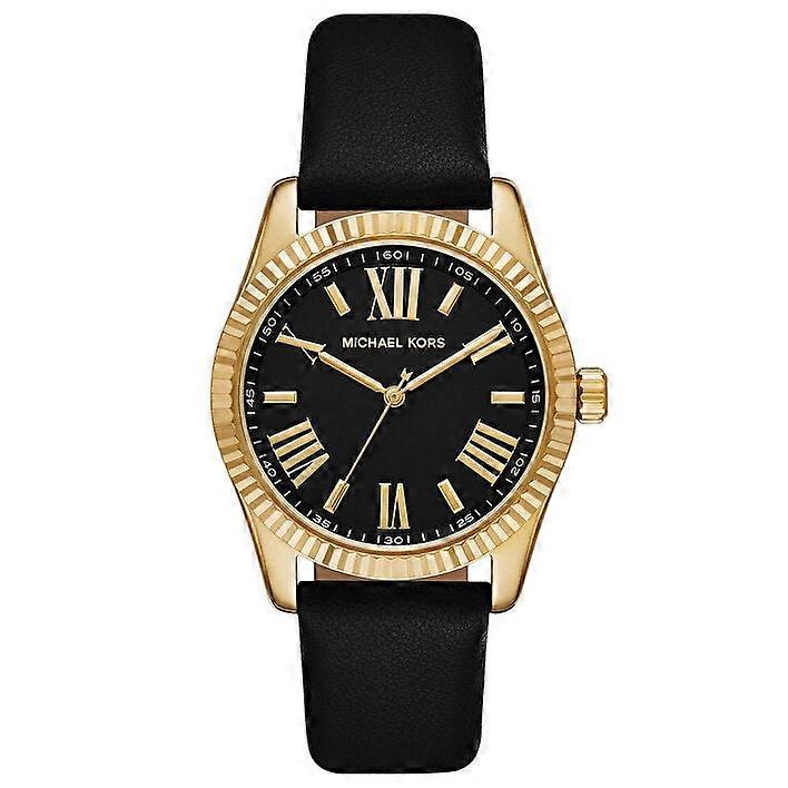 Michael Kors 列克星敦 Mk4748 女士手表 - 金色表壳，黑色皮革表带