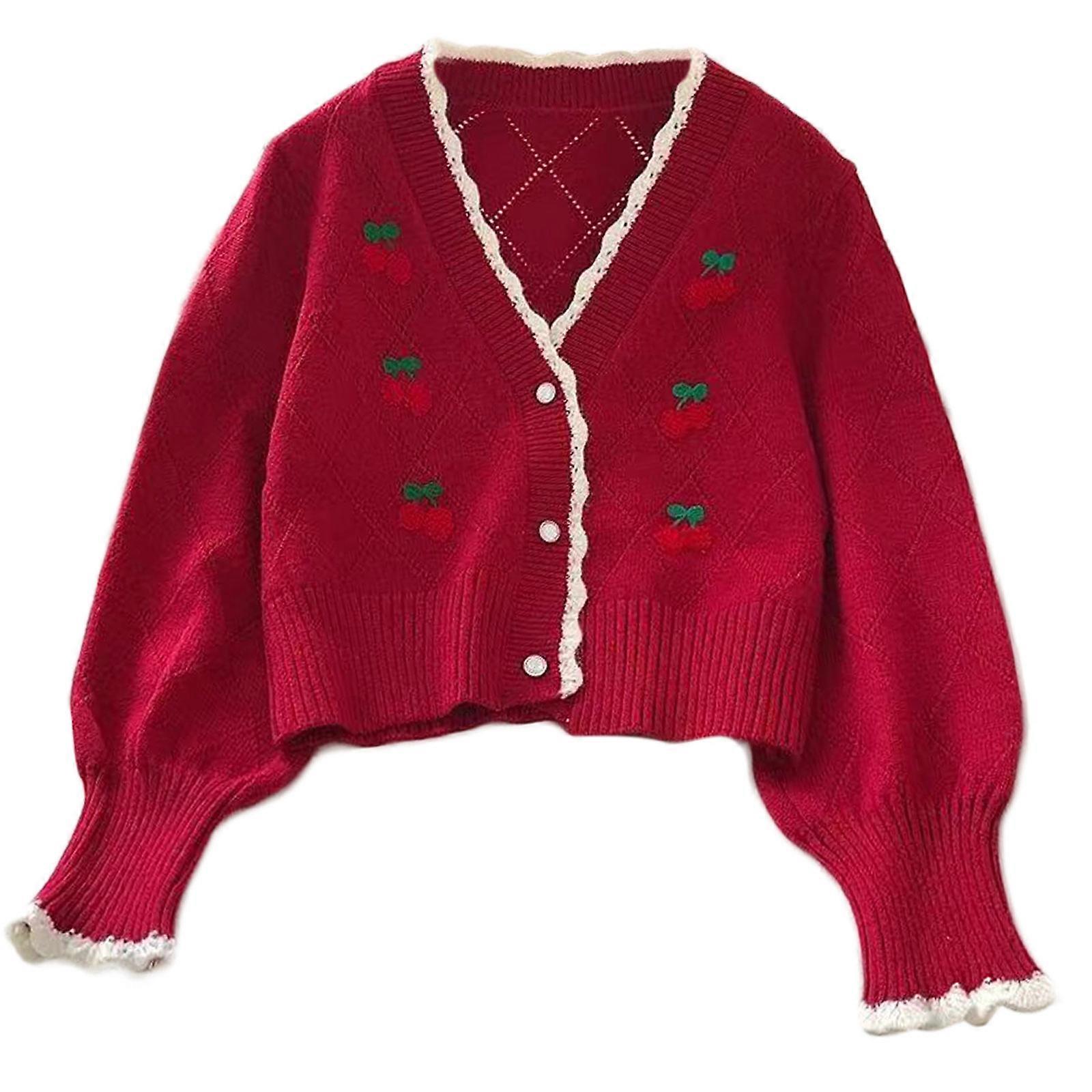 Women's Autumn Elegant Long Sleeve Knitted Cropped Cardigan V Neck Open Front Outerwear Button Down Loose Sweater Tops Red
