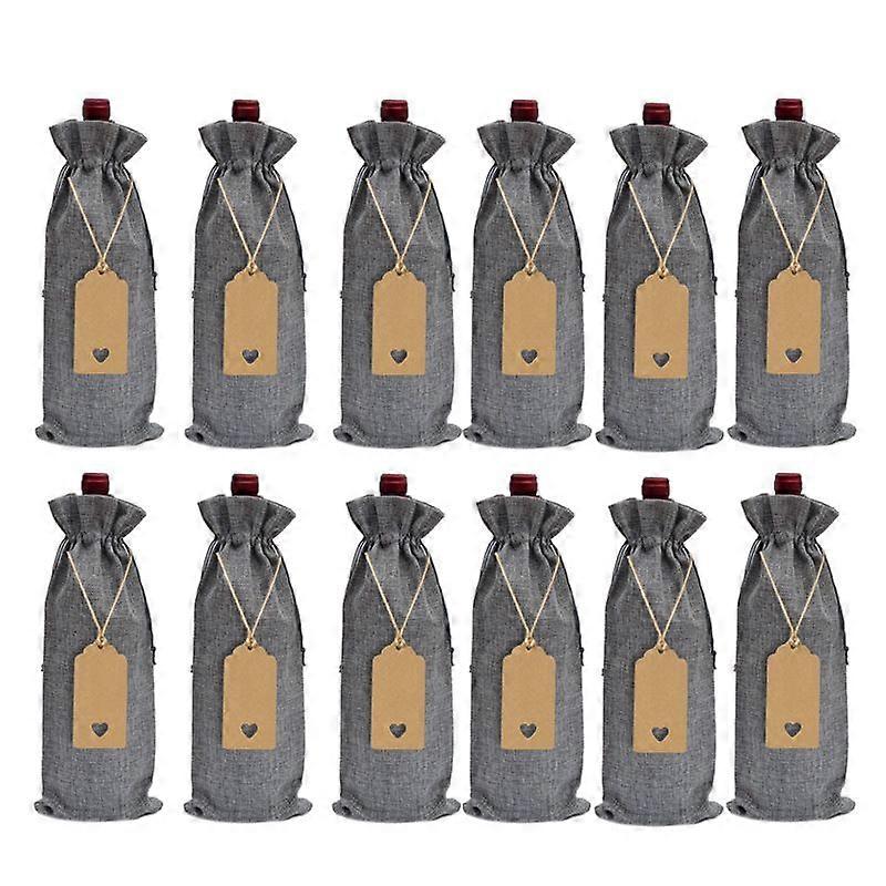 12 Pieces Burlap Wine Bags with Drawstring, Reusable Wine Bags for Party Supplies (Gray)