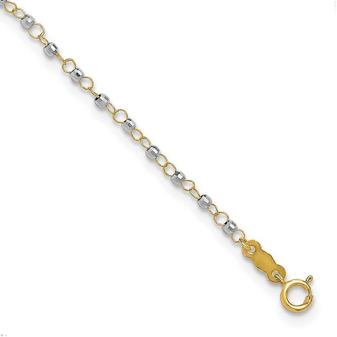 14k Two Tone Beaded Polished Spring-Ring Gold Circle Chain With Mirror Beads W/ 1in Ext Anklet 9 Inch-Anklet for Women a