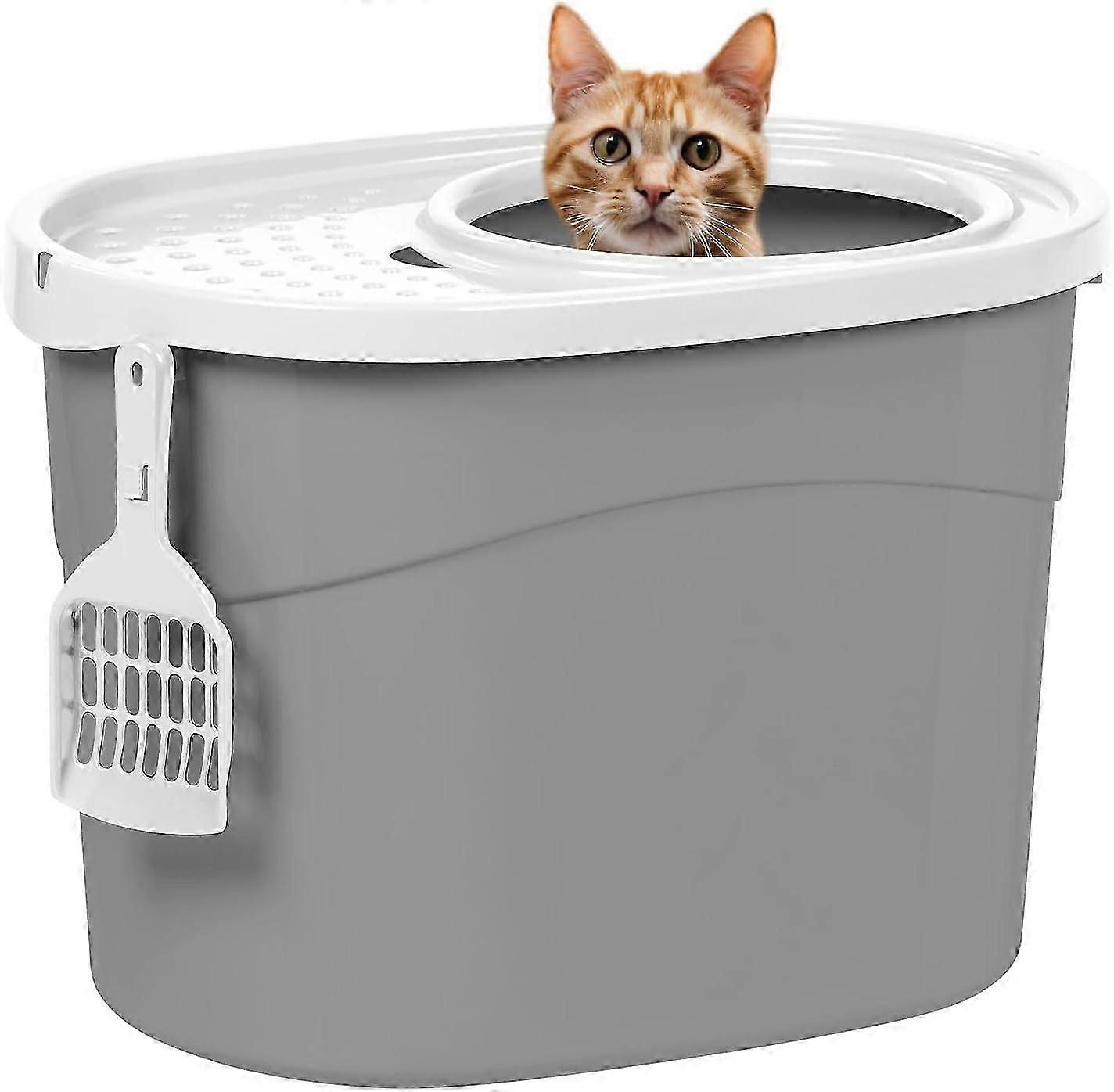 USA Oval Top Entry Cat Litter Box with Scoop, Kitty Litter Box, Cat Litter Box Enclosure, Large, Gray/White