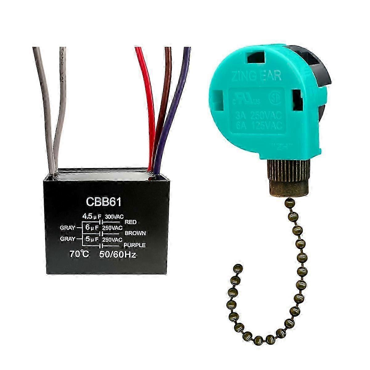 Ceiling Fan Pull Chain Switch 3 Speed 4 Wire, Ceiling Fan Capacitor CBB61 4.5Uf + 6Uf + 5Uf 5 WIRE