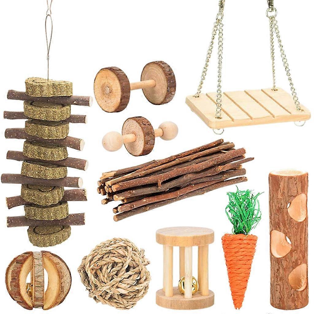 10 Piece Rabbits Chew Toy Swing Tube Wood Treat Grass Cake Balls Chews Sticks Toy for Squirrels Small Pet Teeth Grinding