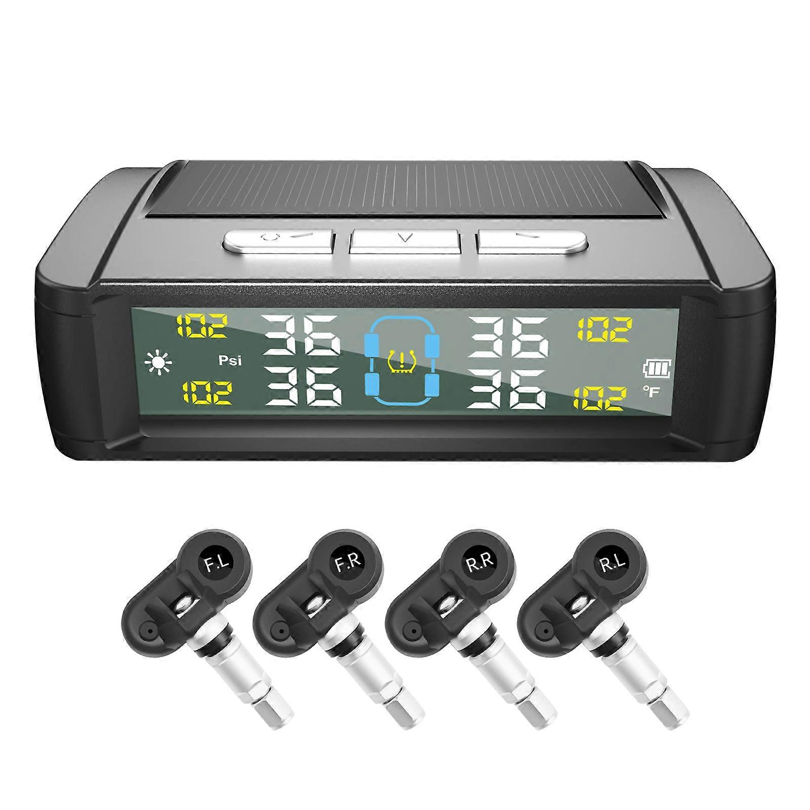Tire Pressure Monitoring System, Wireless Solar Tire Pressure Monitor with 4 Internal Sensors Real-time Display Temperature Pressure for Car Sedan Of