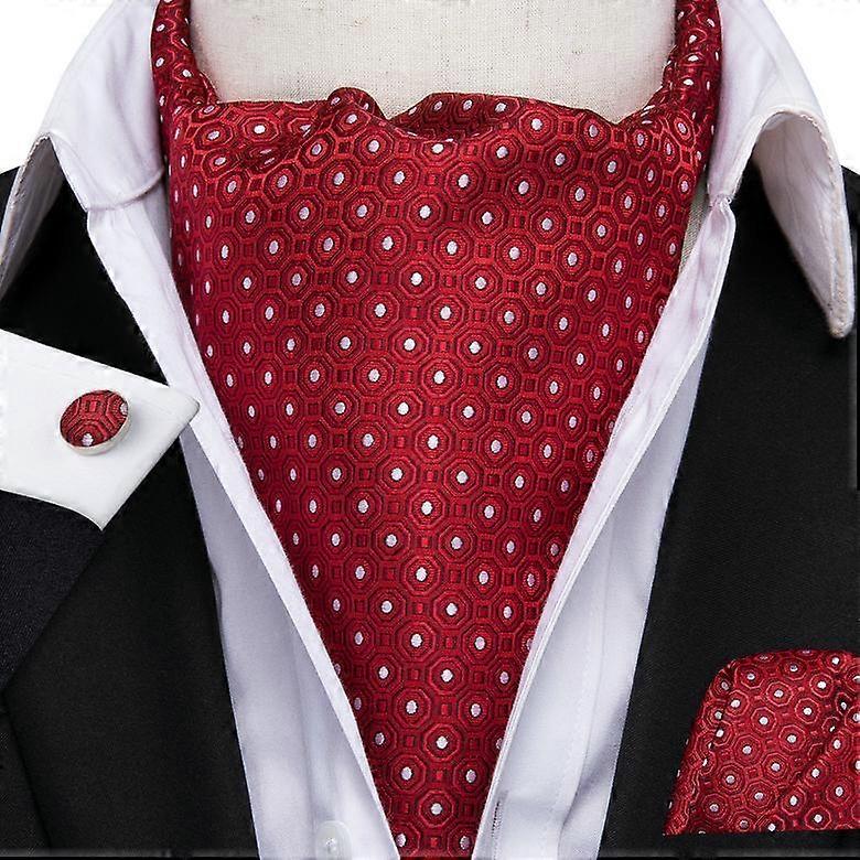 Hi-Tie Mannen Wijnrood Ctavat Zijde Ascot Sjaals Stippen Stropdas Set voor Mannen Zakdoek Manchetknopen Set