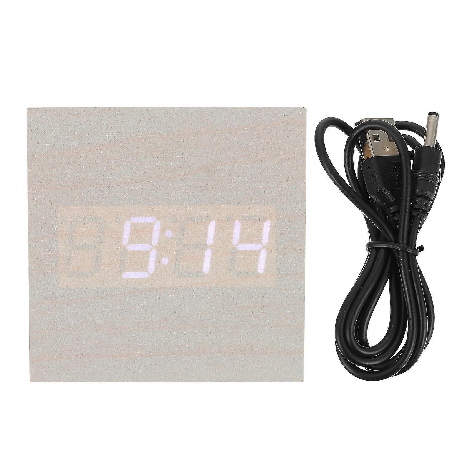 Square Alarm Clock with Dual Display for Home Use Brightness Adjustable Wooden Texture White Color