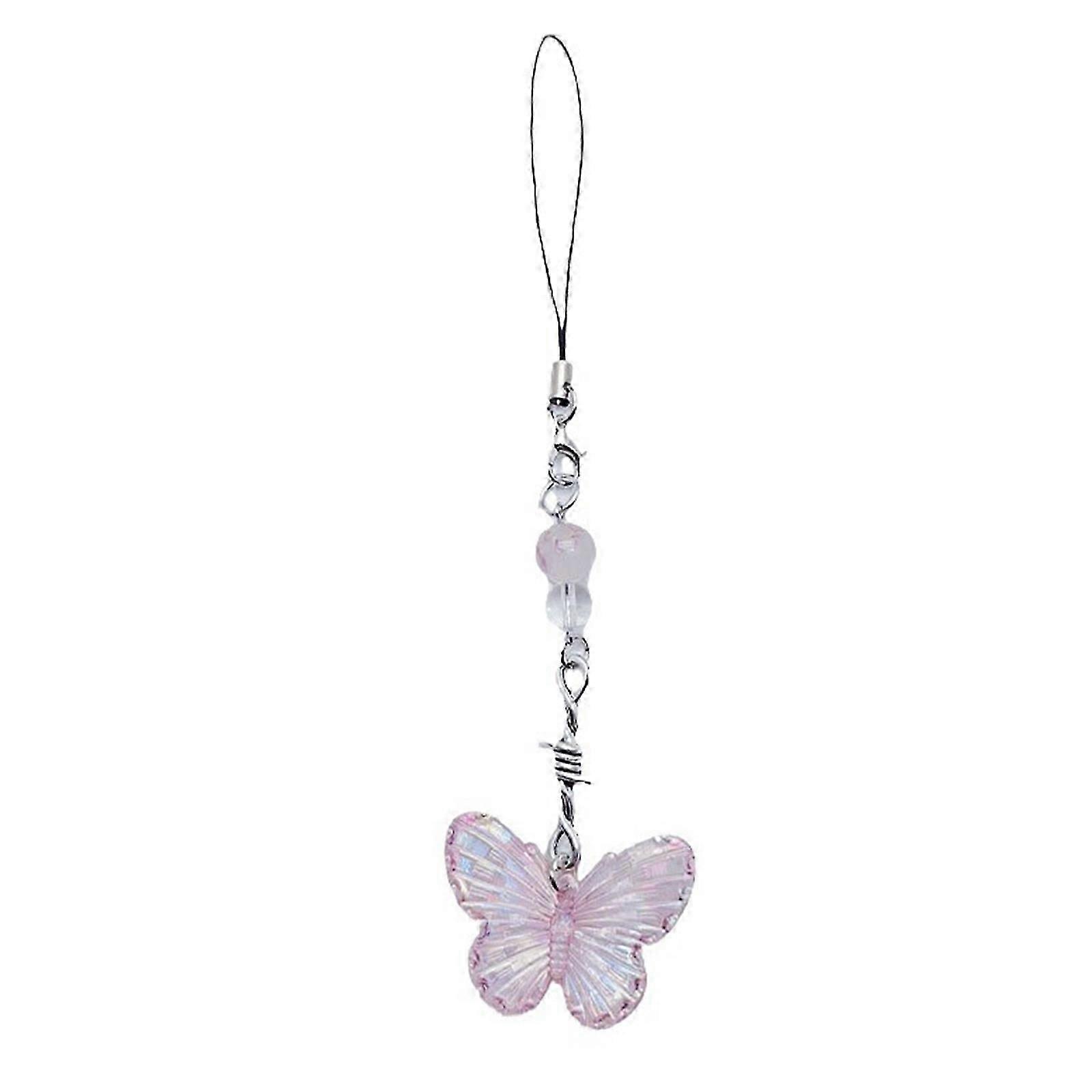 Acrylic Phone Strap Keychain Round Bead Phone Lanyard Butterfly Charm Keychain Crystal Bowknot Butterfly Pendant Keyring Purple