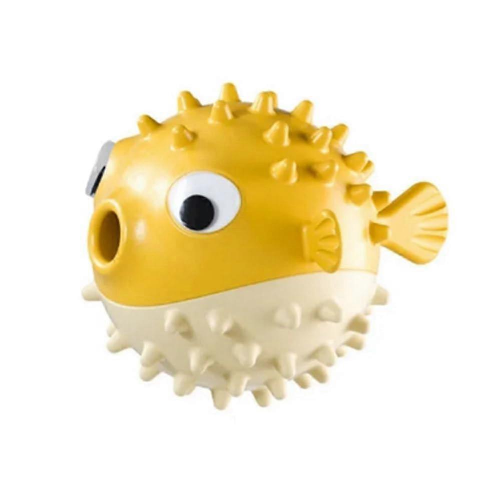 Fishshaped fetch ball for dogs, biteresistant chew toy for molars, dental cleaning ball for dogs, interactive dispensing chew toy, yellow