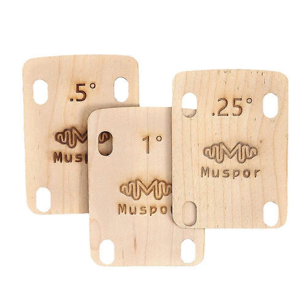 3 guitar neck shims, wood, durable, for screwing, 0.25°, 0.5°, 1° woodcolored