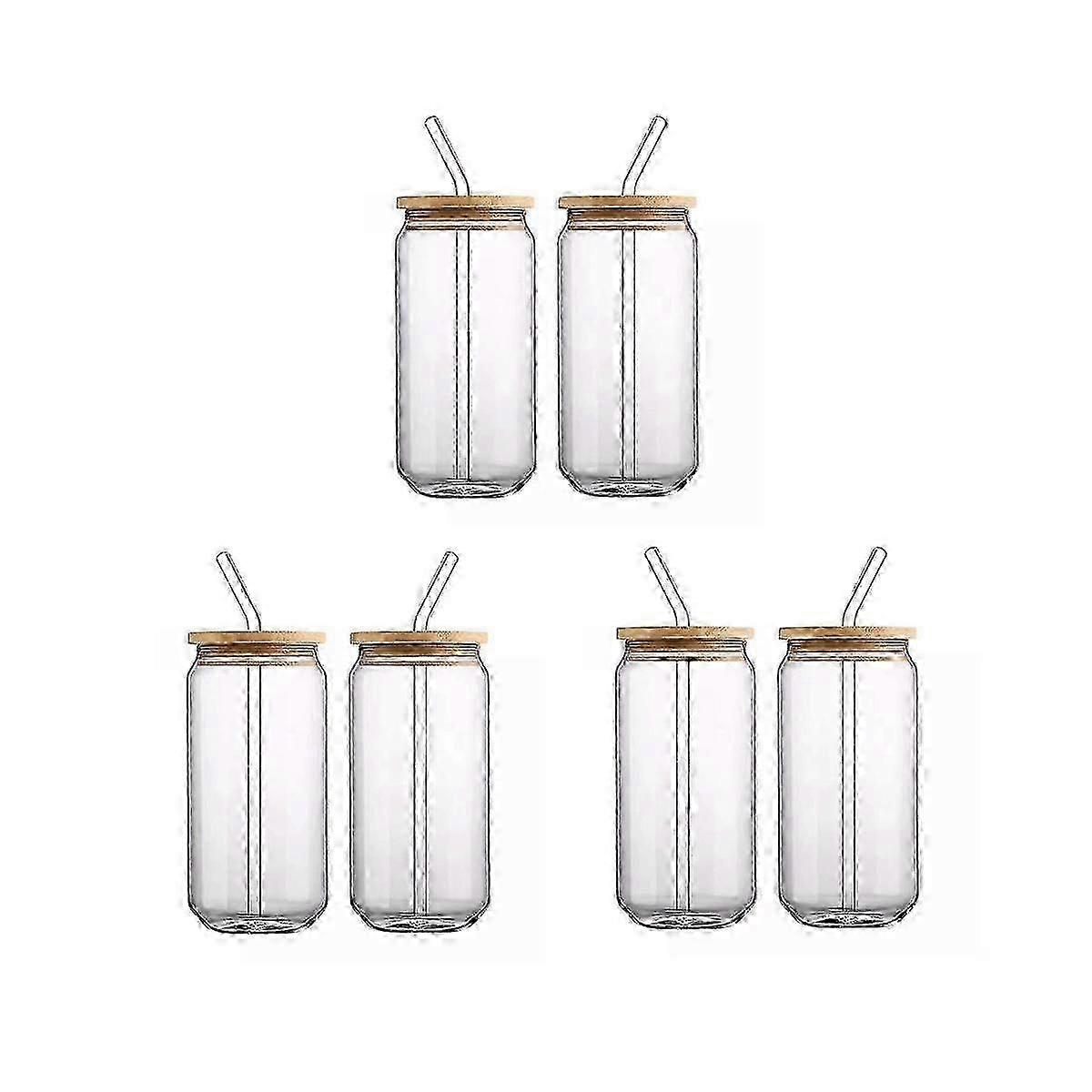 Set da 6 pezzi di tazze di vetro a forma di lattina di birra con coperchi in bambù - Bicchieri da 16 once per caffè freddo e bevande
