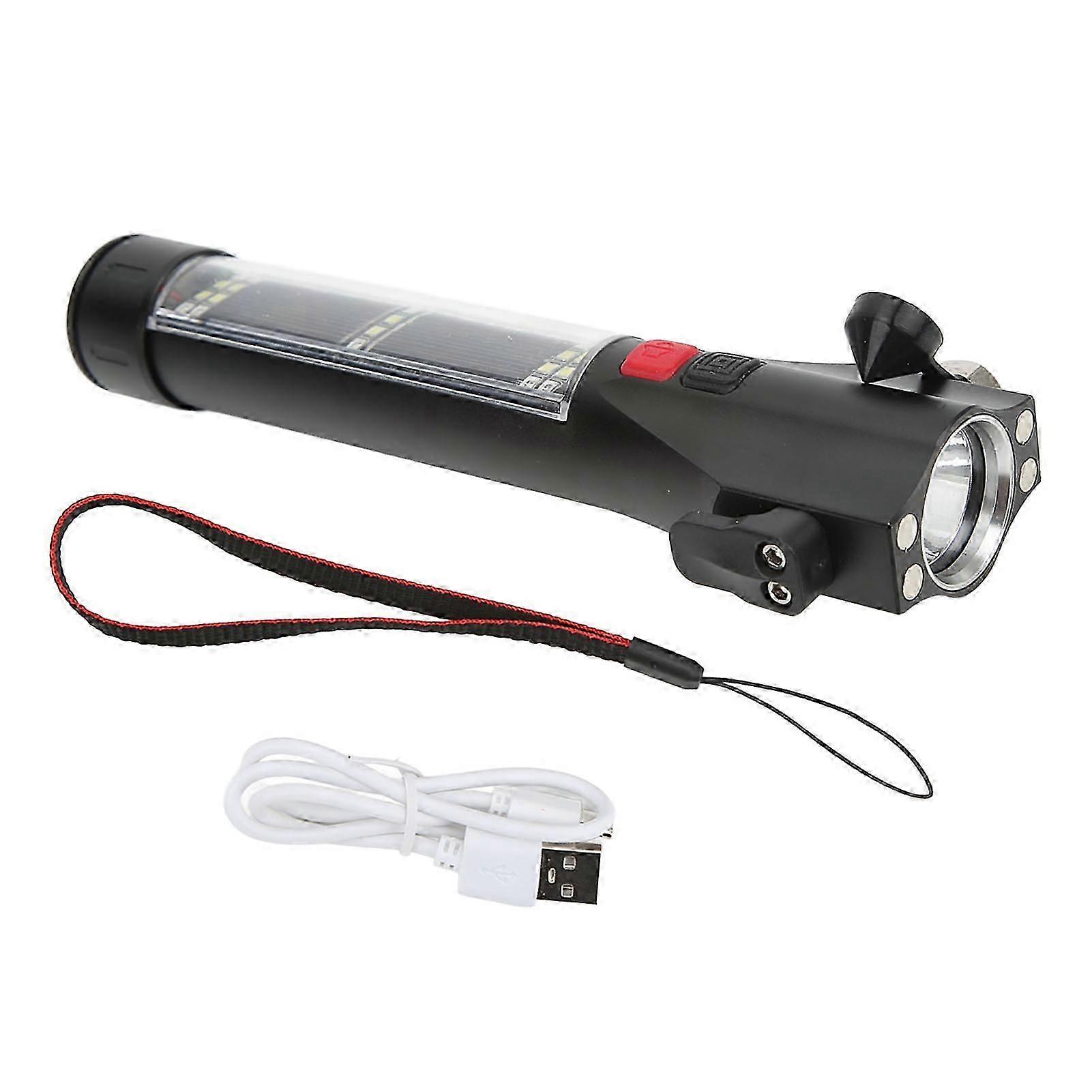 Solar Powered Flashlight 7 Working Modes Multifunction Safety Hammer Window Breaker IP46 Waterproof for Emergency