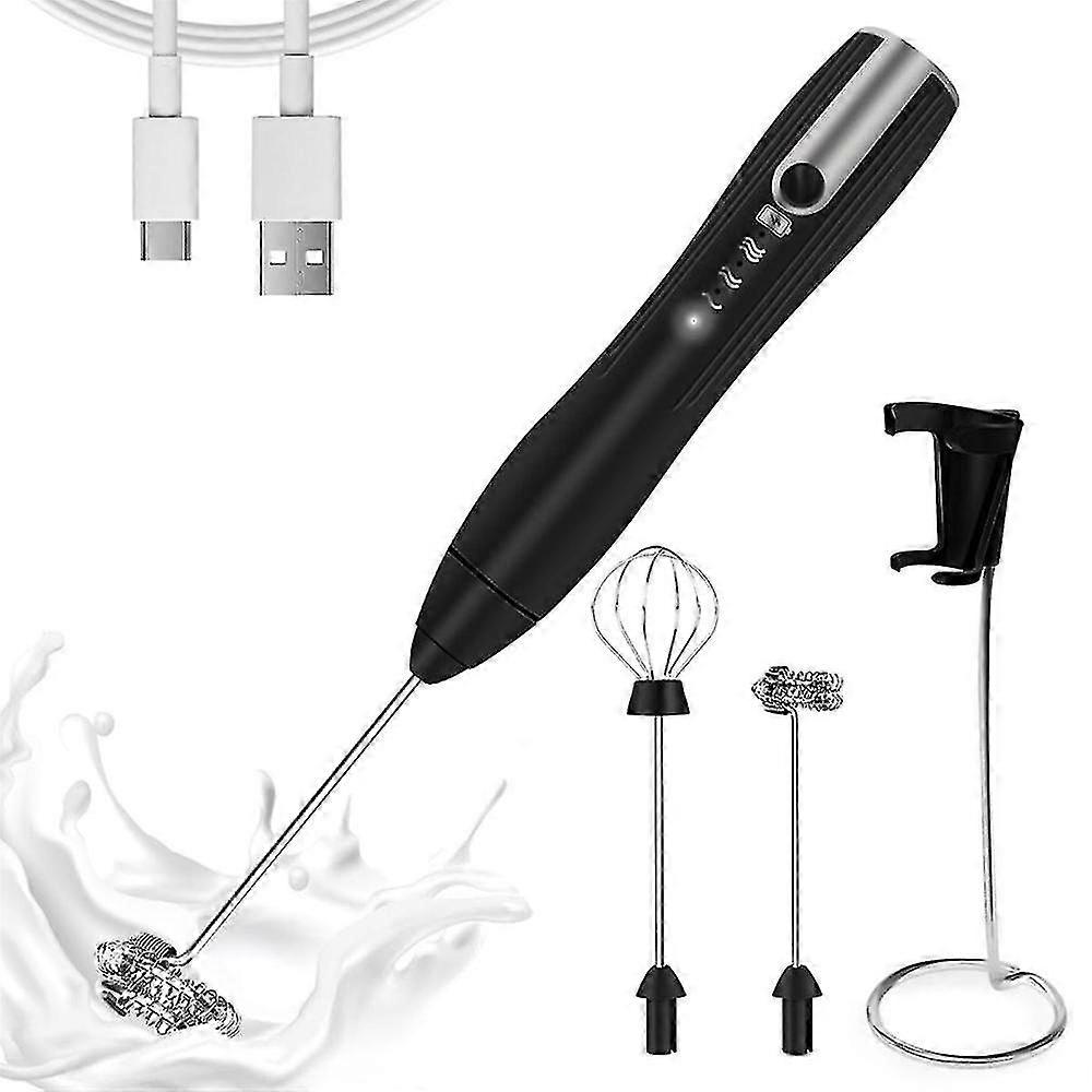 Rechargeable Milk Frother Handheld with 3 Speeds, Powerful Whisk Drink Mixer with 2 Head for Coffee, Foam Maker Black SZRG A-D