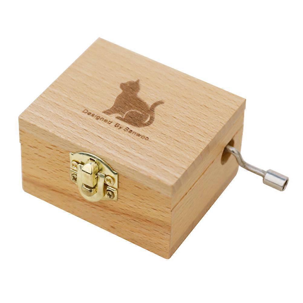 Mirror Music Box Creative Desktop Adornment Beech Wood Synthetic Material Hand Crank Miniature Cat Shape Beige 1Pack