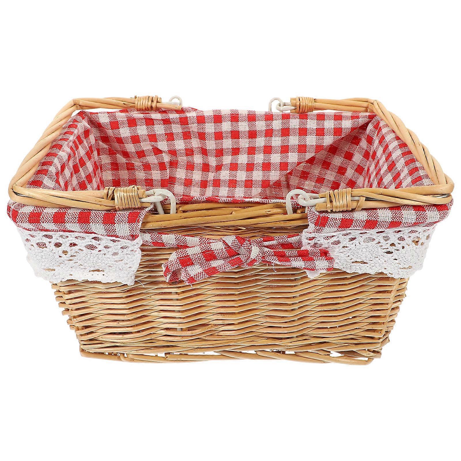 Red Wicker Picnic Basket with Folding Handles for Camping HandWoven Storage Basket 12.5 x 8.5 x 7 inches