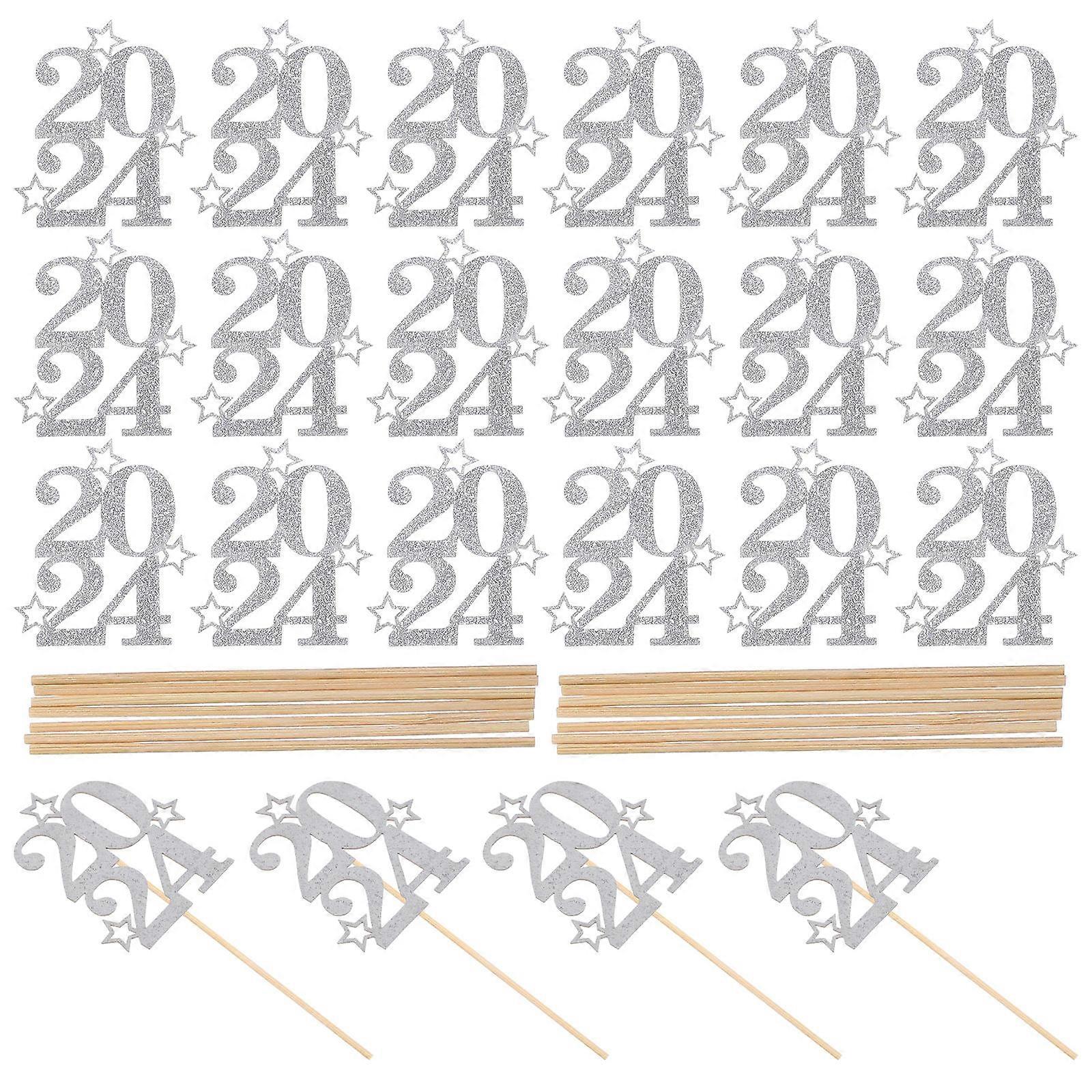 2024 New Year Party Cake Toppers Silver Paper Decorations for Cakes and Desserts 30Pcs