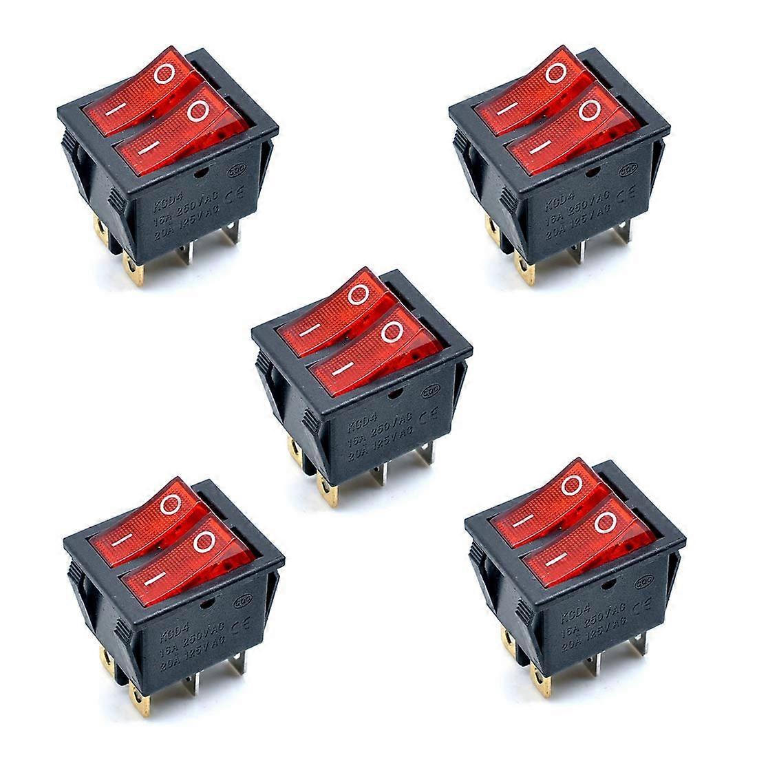 KCD4 AC 250V 16A Red Light 6Pin ON/OFF Double SPST 2Way Snapin Boat Rocker Switch Pack of 5