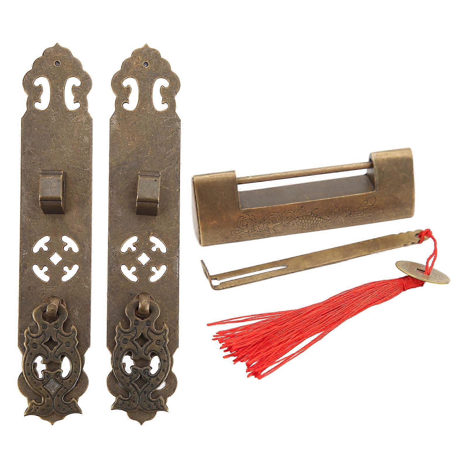 Antique Padlock Handles Set Chinese Vintage Style Bronze Color Brass Cabinet Backplate Strip Pulls Set for Tool Boxes