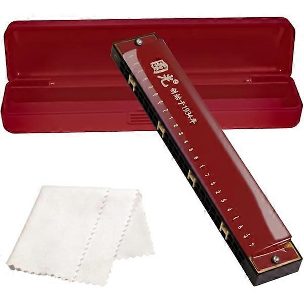 Red - 24 Hole Tremolo Harmonica Polyphony Diatonic C Key Professional Harmonica