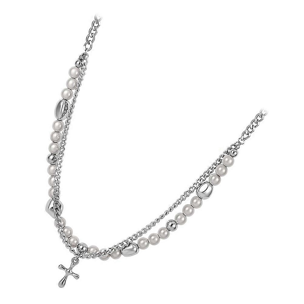 Double Layer Pearl Cross Choker Necklace with Charm Pendant – Elegant Fashion Accessory for Women’s Daily, Office, and Party Wear