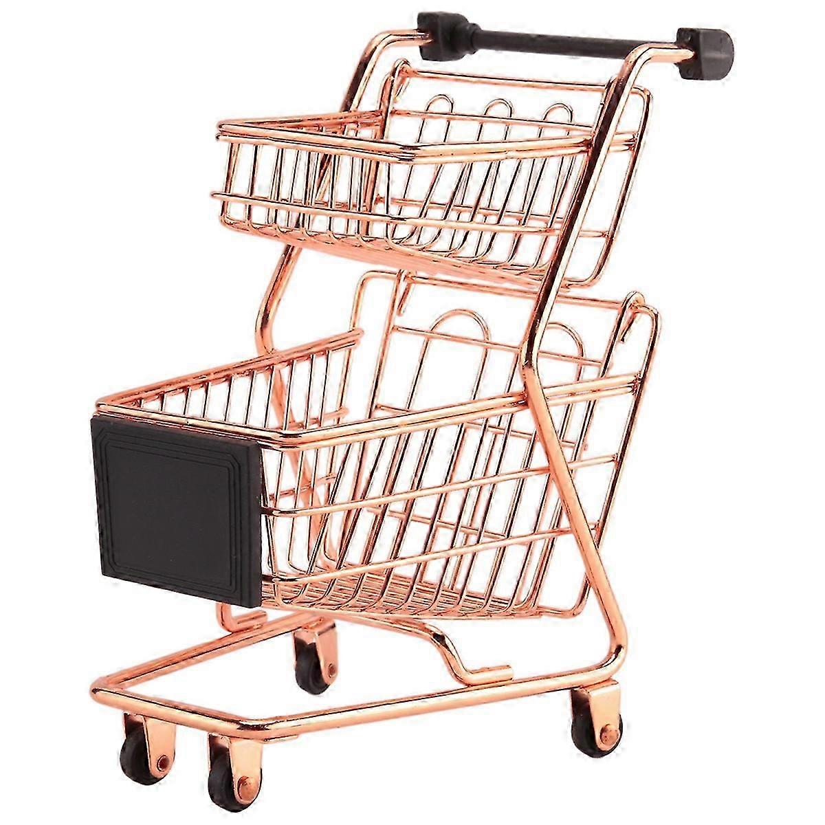Mini Double-Layer Shopping Cart Model with Wrought Iron Frame, Rose Gold Metal Basket for Supermarket Trolley Storage