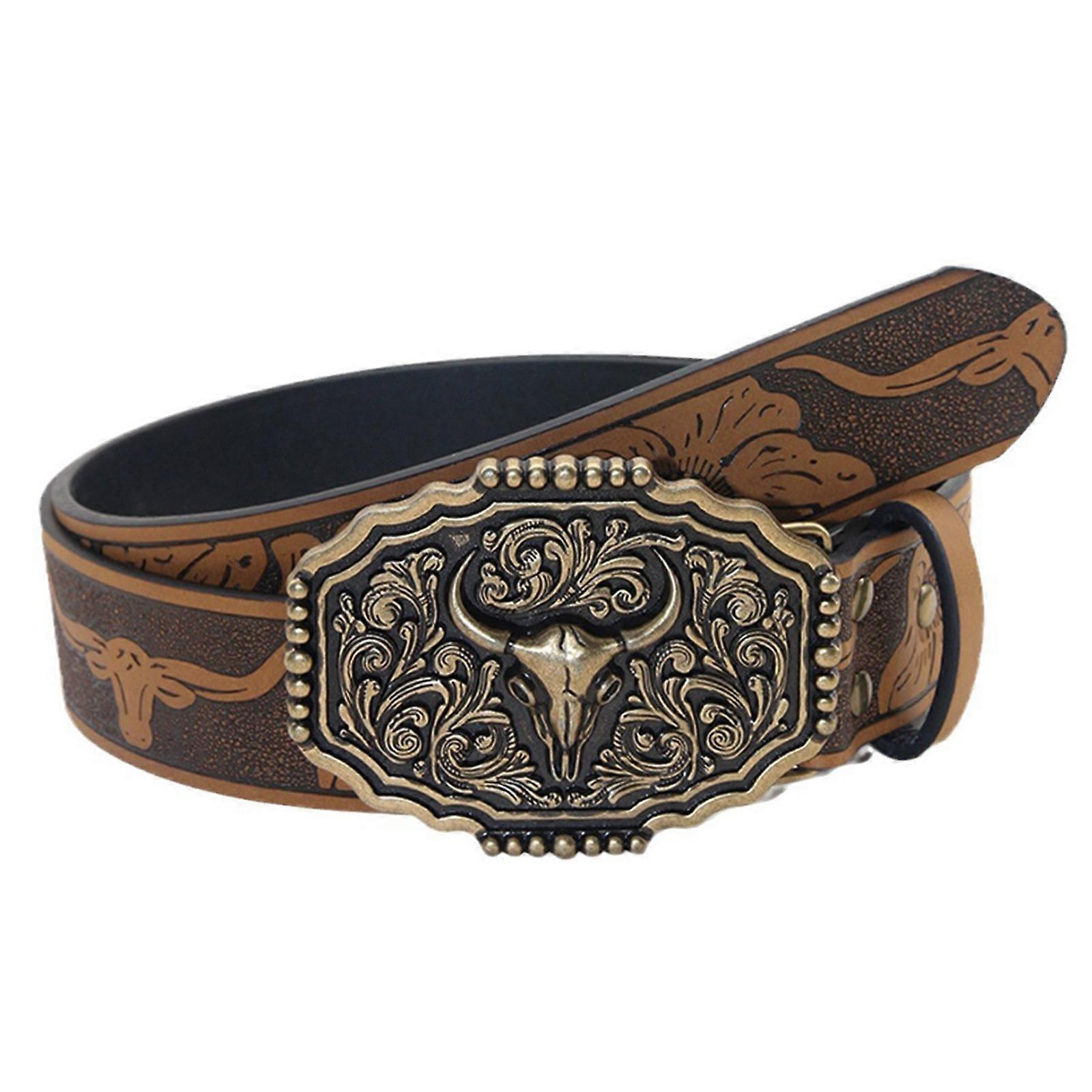 Embossed Pattern Wasitband Adjustable Belt For Daily Use And Outdoor Activity with Metal Bull Head Buckles for Men Women  Camel